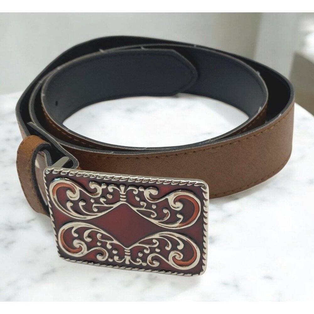 Western Style Brown Faux Leather Belt Ornate Red Enamel Silver Tone Buckle